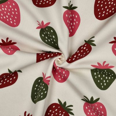 Tissu Sweat envers polaire Jade fraises multicolores sur fond Ecru - Par 10 cm