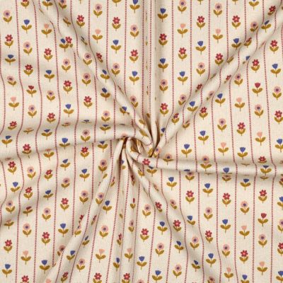 Tissu Jersey Coton imprimé Rayures vichy fleuris ocre sur fond Ecru - Par 10 cm