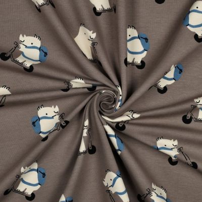 Tissu Sweat léger envers molletonné Yanis funny rhino sur fond Taupe - Par 10 cm
