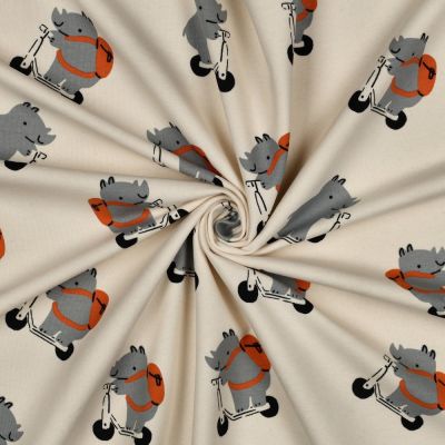 Tissu Sweat léger envers molletonné Yanis funny rhino sur fond Naturel - Par 10 cm