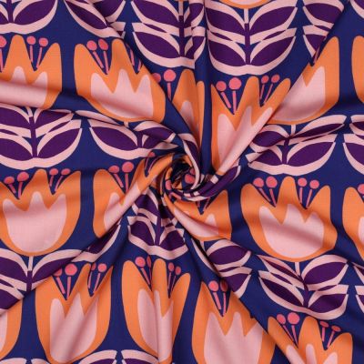 Tissu Viscose EcoVero Tulipes sur fond Bleu cobalt - Par 10 cm