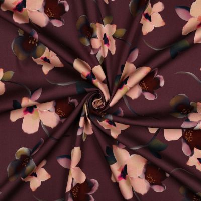 Tissu Viscose stretch imprimé Rosella Aubergine - Par 10 cm
