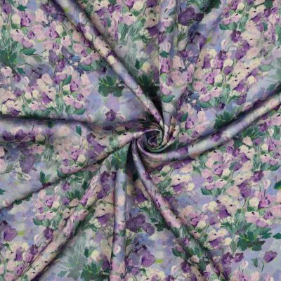 Tissu Viscose satiné digital Fleuris Alina sur fond Lilas - Par 10 cm