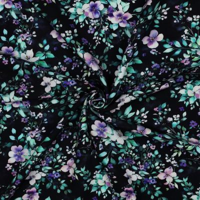 Tissu Viscose imprimé digital Louisa petits fleurs sur fond Noir - Par 10 cm