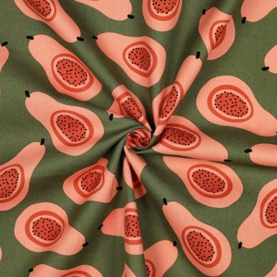Tissu Toile de Coton Canvas Elia poires Corail sur fond Vert - Par 10 cm