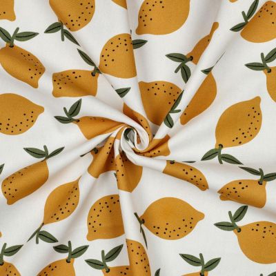 Tissu Toile de Coton Canvas Elia citrons Jaune moutarde sur fond Blanc - Par 10 cm