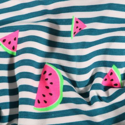 Tissu Jersey coton Pastèques rose fluo et rayures vert canard sur fond Blanc - Par 10 cm