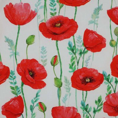 Tissu Popeline de Coton Coquelicot rouge sur fond Blanc - Par 10 cm