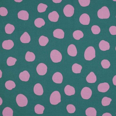 Tissu Coton enduit Pois roses sur fond Vert émeraude - Par 10 cm
