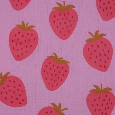 Tissu Double gaze Grandes fraises sur fond Lilas - Par 10 cm