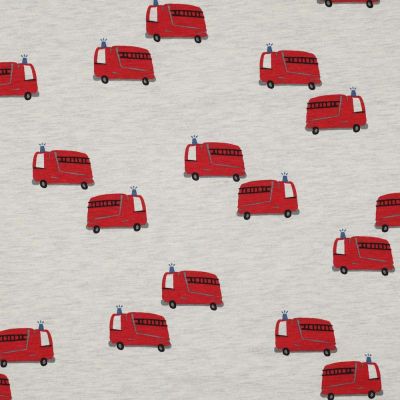 Tissu Jersey Coton chiné Camions de pompiers sur fond Ecru - Par 10 cm