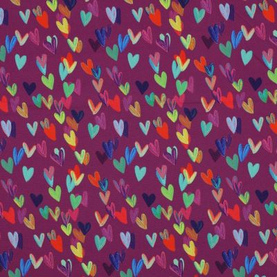 Tissu Softshell Digital Poppy Coeurs multicolores sur fond Pourpre - Par 10 cm