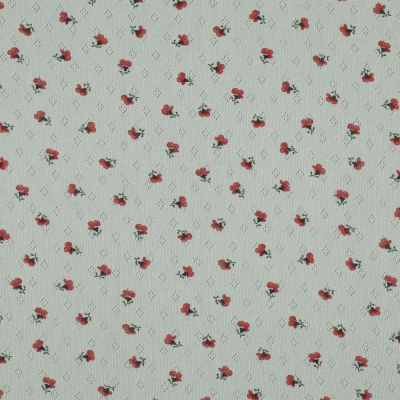 Tissu Jersey Coton ajouré Petites roses rouges sur fond Vert menthe - Par 10 cm