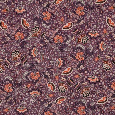 Tissu Popeline de Viscose extensible Floral sur fond Violine - Par 10 cm