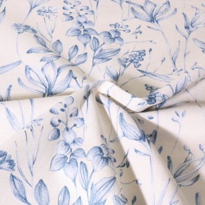 Tissu Toile de Coton Canvas Digital Fleuris bleu sur fond Ecru - Par 10 cm