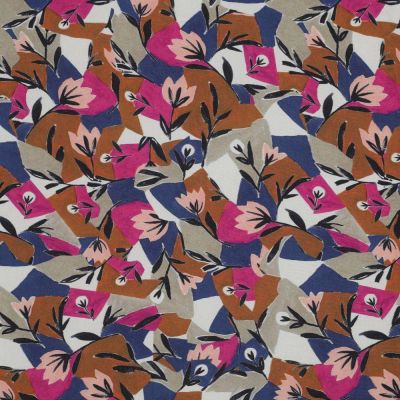 Tissu Viscose Digital Fleuris rose et marron sur fond Bleu ancien - Par 10 cm