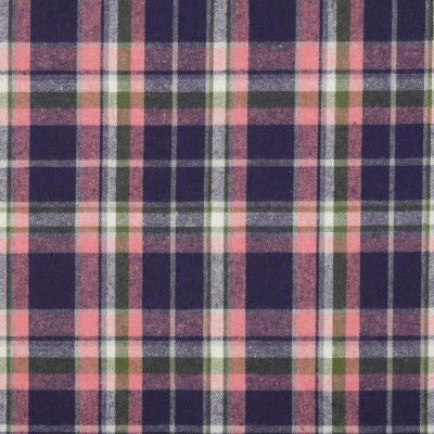 Tissu Tartan brossé Carreaux roses sur fond Bleu marine - Par 10 cm