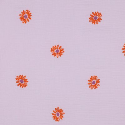 Tissu Double gaze de Coton Poppy Petites fleurs oranges brodées sur fond Lilas - Par 10 cm