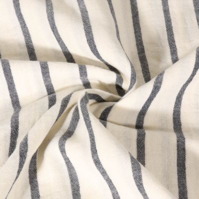Tissu Double Gaze de Coton Teint en fil rayé noir sur fond Ecru - Par 10 cm