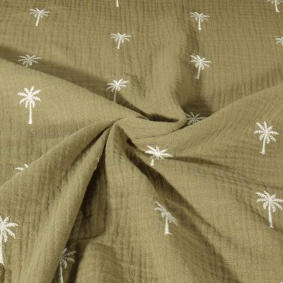 Tissu Double gaze de Coton Poppy Palmiers brodés sur fond Vert kaki - Par 10 cm