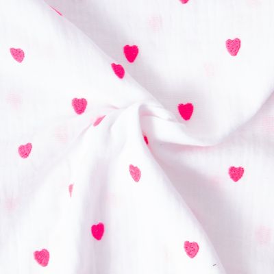 Tissu Double gaze de Coton Valentine Petits coeurs roses sur fond Blanc - Par 10 cm