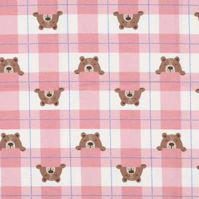 Tissu Flanelle de Coton Poppy Carreaux roses et oursons marron sur fond Blanc - Par 10 cm