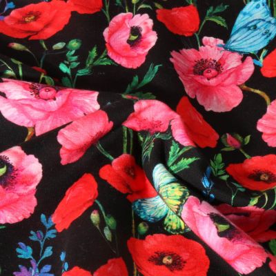 Tissu Sweat léger French Terry digital Coquelicot rouge sur fond Noir - Par 10 cm