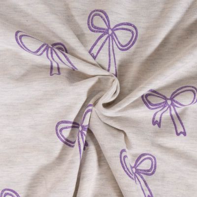 Tissu Jersey Mélangé Poppy Noeuds pailletés violets sur fond Ecru chiné - Par 10 cm