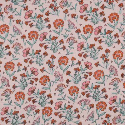 Tissu Double gaze fleurs Daisy rouges sur fond Rose poudré - Par 10 cm