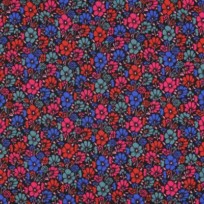 Tissu Coton enduit Poppy Fleurs rouges et bleues sur fond Noir - Par 10 cm