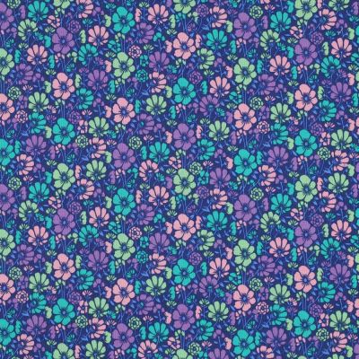 Tissu Coton enduit Poppy Fleurs Lilas et turquoise sur fond Bleu - Par 10 cm