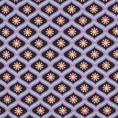 Tissu Coton enduit Poppy Fleur retro mauve sur fond Noir - Par 10 cm