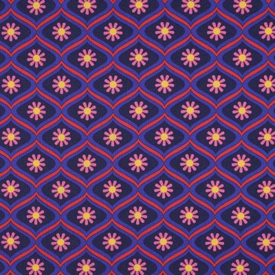 Tissu Coton enduit Poppy Fleur retro mauve et rose sur fond Bleu marine - Par 10 cm