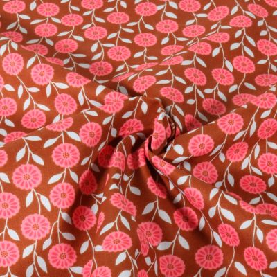 Tissu Popeline de Coton Poppy Petites fleurs sur fond Marron - Par 10 cm