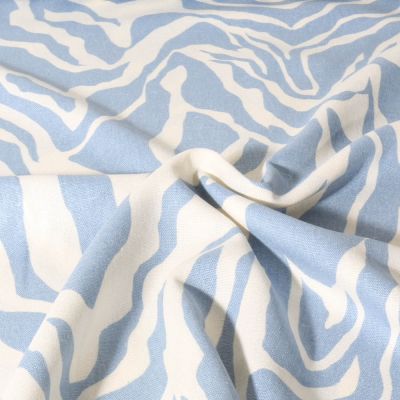 Tissu Viscose Lin imprimé zèbre écru sur fond Bleu ciel - Par 10 cm