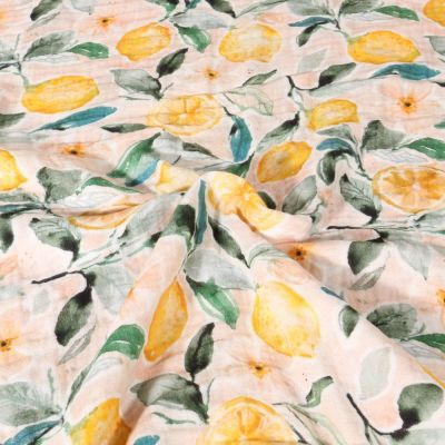 Tissu Double gaze de Coton Digital Citrons jaunes et feuillage sur fond Pêche - Par 10 cm