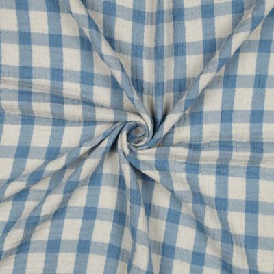 Tissu Double gaze de Coton Lin Carreaux Bleu ciel sur fond Ecru - Par 10 cm