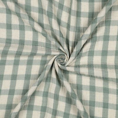 Tissu Double gaze de Coton Lin Carreaux Vert sauge sur fond Ecru - Par 10 cm