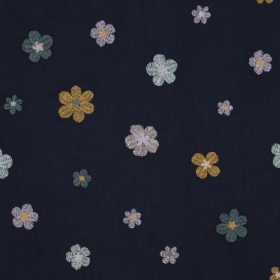 Tissu Voile de coton brodé Petites fleurs sur fond Bleu marine - Par 10 cm