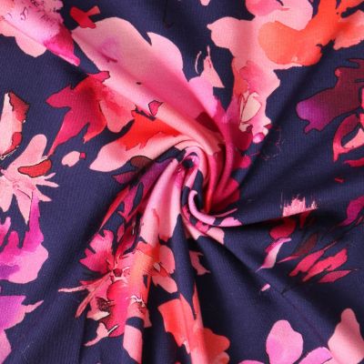 Tissu Jersey stretch Amalia fleurs Roses sur fond Bleu marine - Par 10 cm