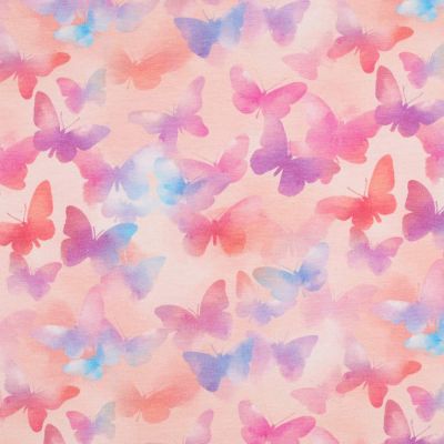 Tissu Jersey stretch papillons Veloria multicolores sur fond Rose nude - Par 10 cm