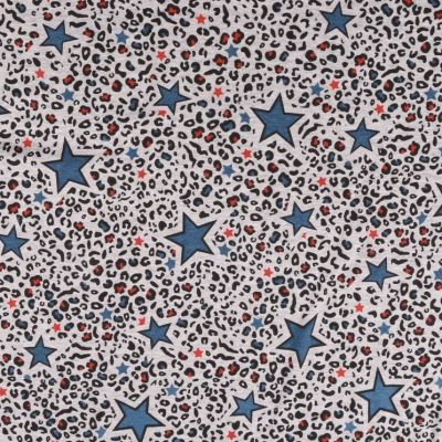 Tissu Sweat  envers minky Etoile bleu denim et tache léopard rouge sur fond Gris chiné - Par 10 cm