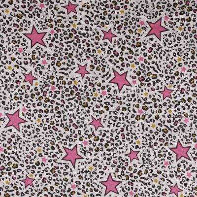 Tissu Sweat  envers minky Etoiles rose et tache léopard moutarde sur fond Gris chiné - Par 10 cm