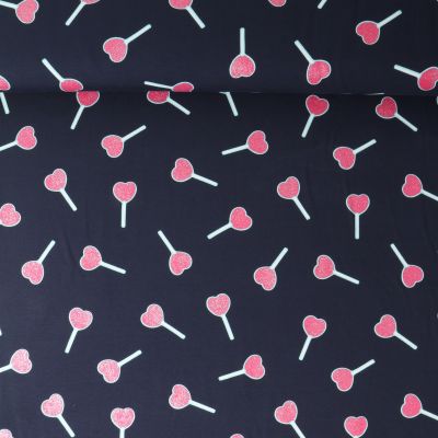 Tissu Jersey stretch Lolly coeurs Rose Paillettés sur fond Bleu marine - Par 10 cm