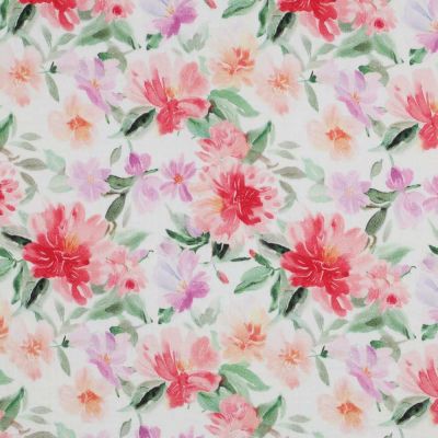 Tissu Coton imprimé Camélia fleurs Rouges sur fond Blanc - Par 10 cm