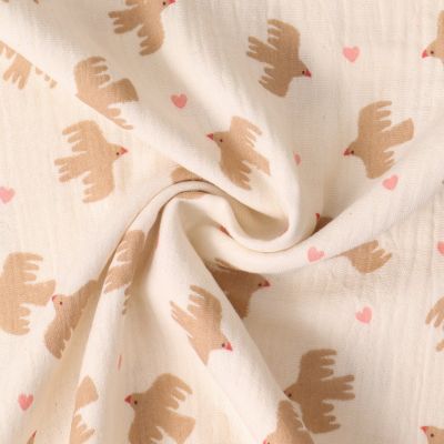 Tissu Double gaze de Coton Suzie oiseaux Camel sur fond Beige sable - Par 10 cm