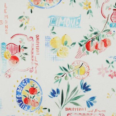 Tissu Toile Canvas fruits et fleurs Limone sur fond Blanc cassé - Par 10 cm