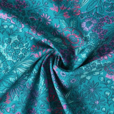 Tissu Popeline de Coton Amandine fleurs Roses sur fond Bleu turquoise - Par 10 cm