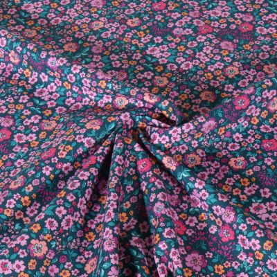 Tissu Popeline de Coton digital Poppy Fleurs roses et pêche sur fond Vert canard - Par 10 cm