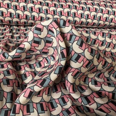 Tissu Viscose Formes Géo rose sur fond ecru - Par 10 cm